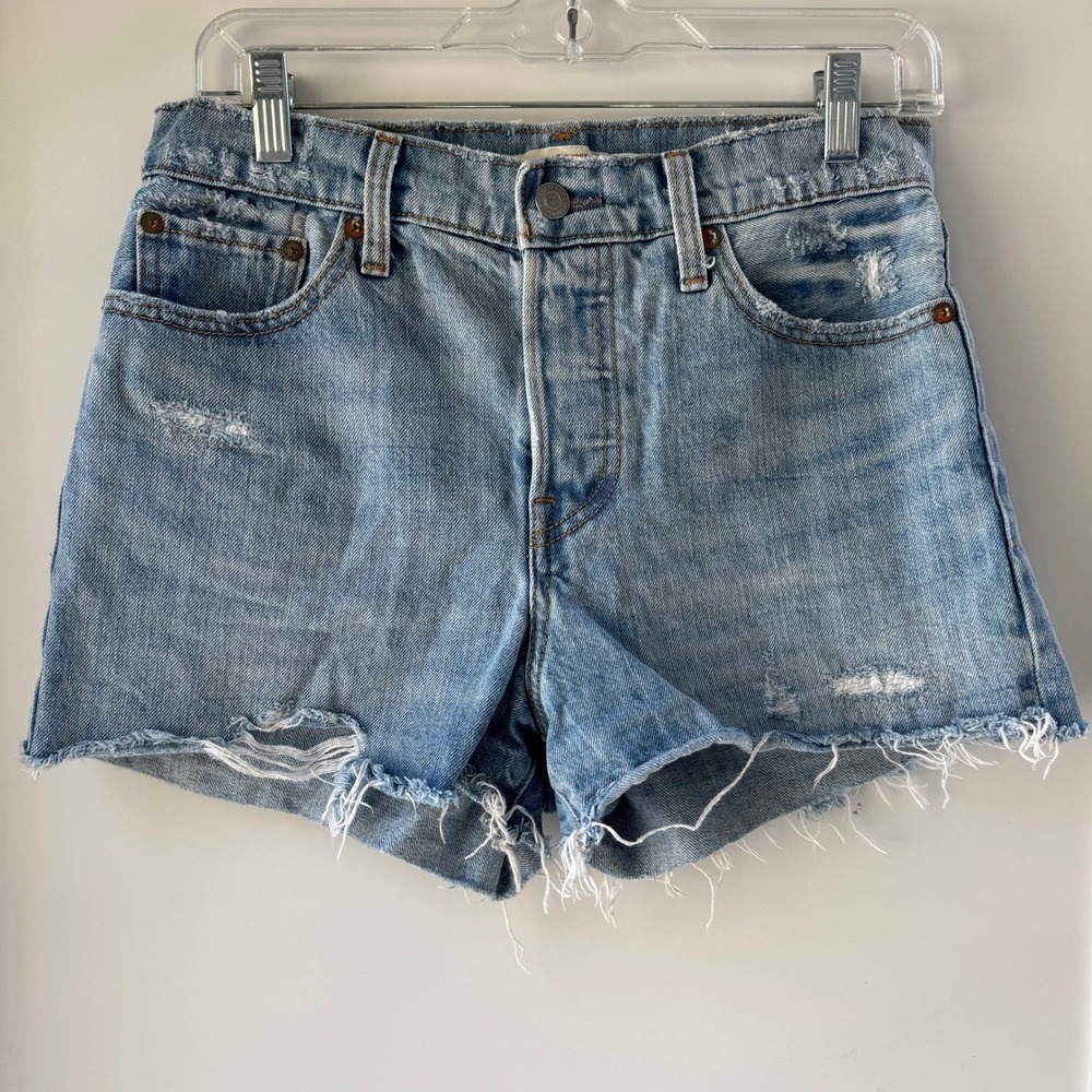 Levis Wedgie Shorts Size 28 Light Blue Distressed Denim High Rise Button Fly